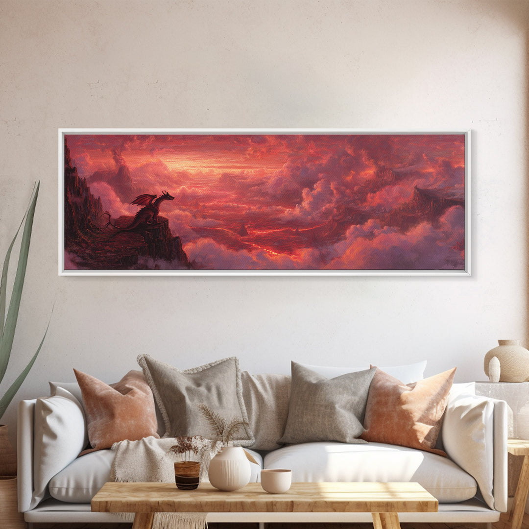 Red Dragon On Volcanic Cliff Wall Art, Dark Fantasy Landscape Canvas Print, Gothic Decor, Moody Panoramic Art Gift For Him