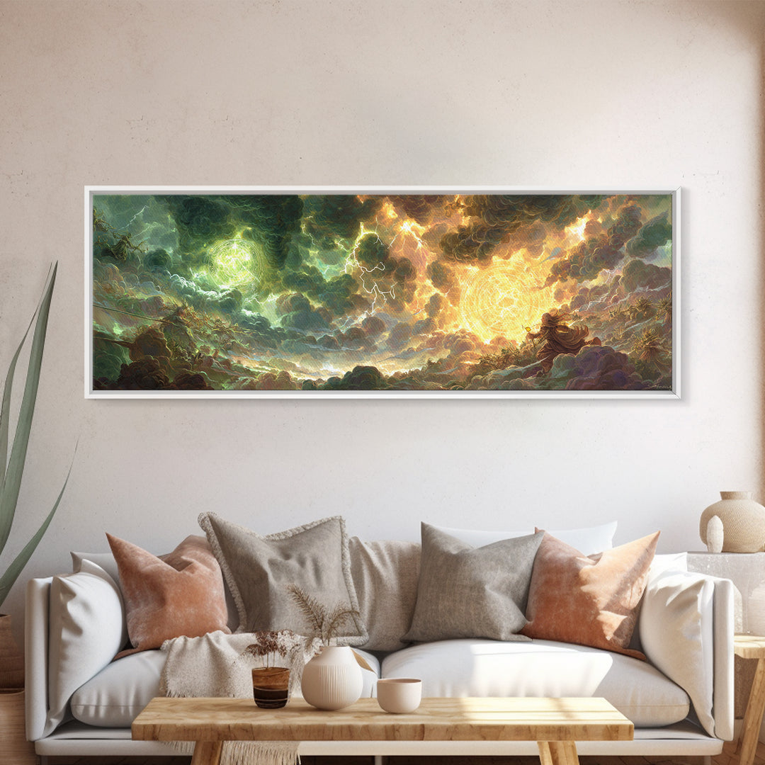 Celestial Storm Kingdom With Golden Light Framed Canvas Print, Fantasy Wall Art, Surreal Landscape Decor, Epic Gift For Him