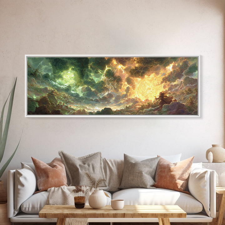 Celestial Storm Kingdom With Golden Light Framed Canvas Print, Fantasy Wall Art, Surreal Landscape Decor, Epic Gift For Him