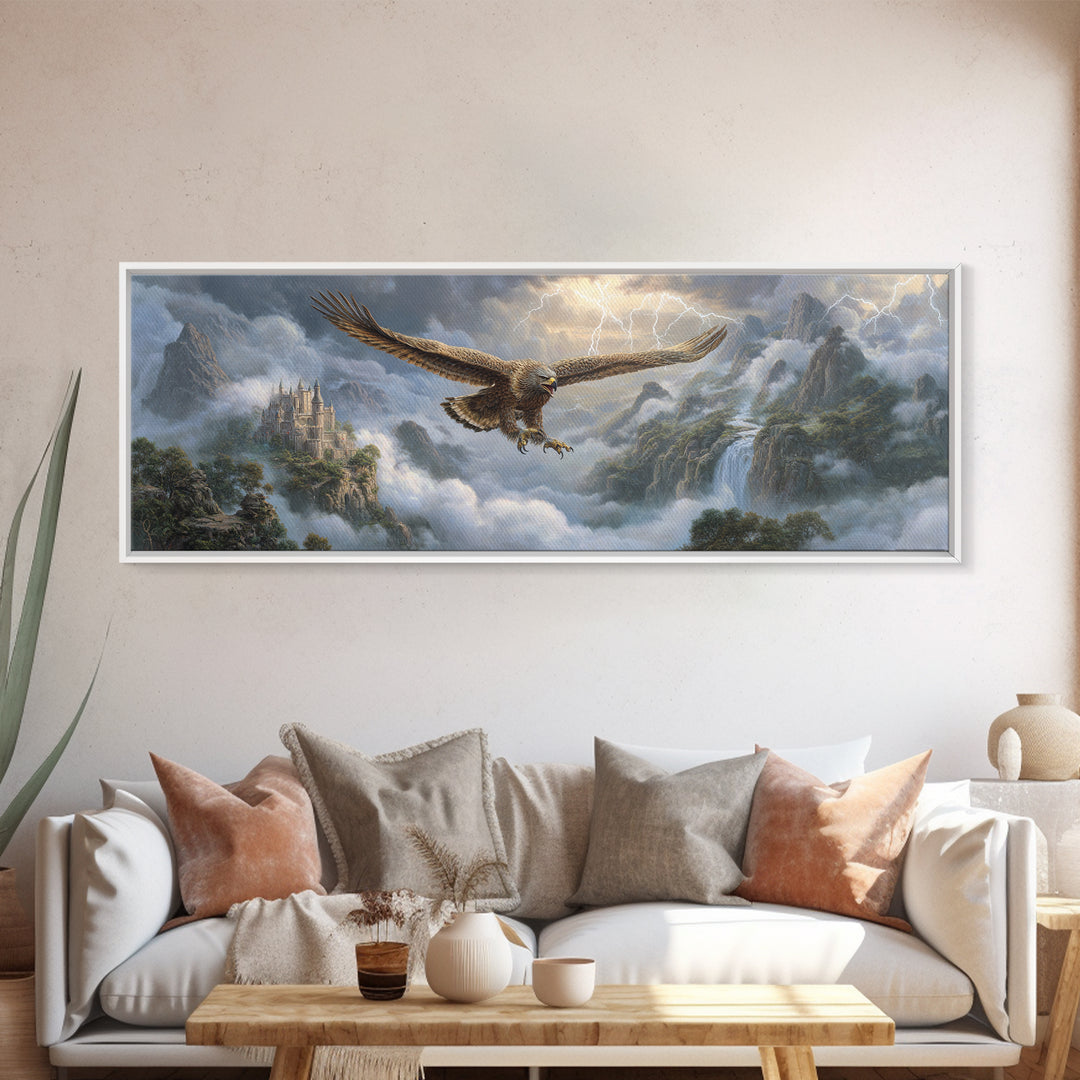 Soaring Eagle Over Misty Castle Mountains Framed Canvas Print, Fantasy Landscape Wall Art, Stormy Medieval Home Decor Gift
