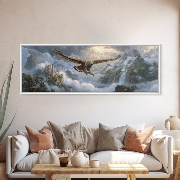 Soaring Eagle Over Misty Castle Mountains Framed Canvas Print, Fantasy Landscape Wall Art, Stormy Medieval Home Decor Gift