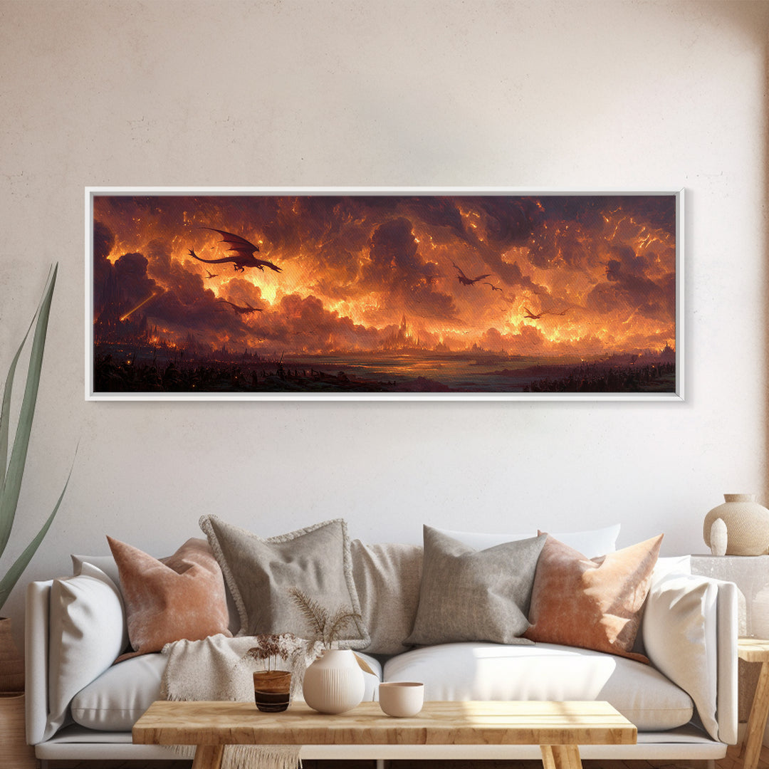 Fiery Dragons Over Apocalyptic Kingdom Framed Canvas Print, Dark Fantasy Wall Art, Epic Dragon Battle Home Decor For Game Room
