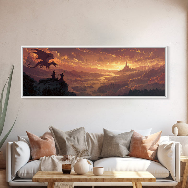 Sunset Dragon Watchers Above Golden Valley Canvas Print, Fantasy Landscape Wall Art, Medieval Castle Home Decor Gift For Him