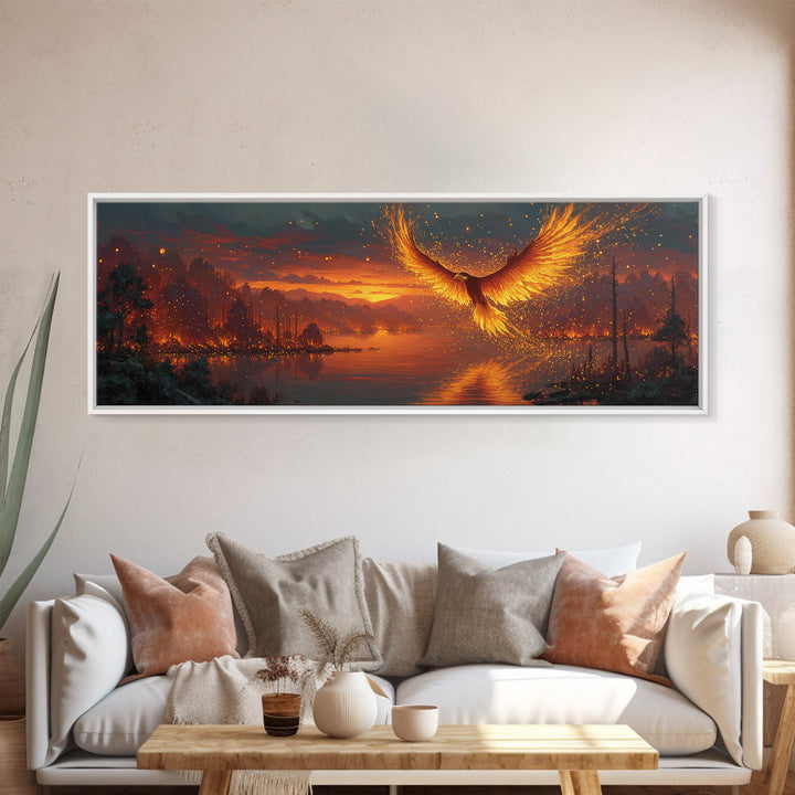 Fiery Phoenix Rising Over Burning Lake Framed Canvas Print, Fantasy Bird Wall Art, Large Vibrant Nature Home Decor Gift For Her