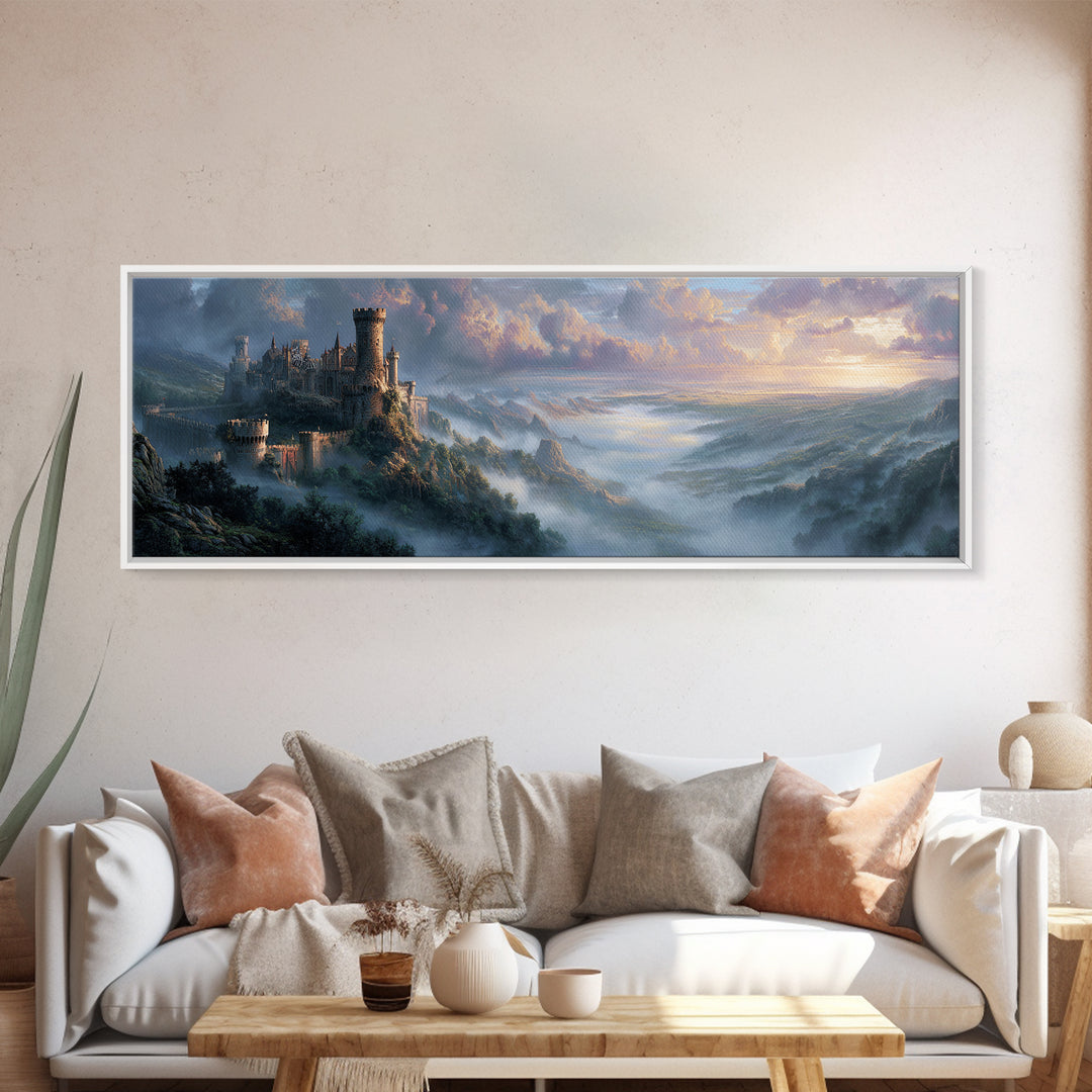 Misty Mountain Castle Above Clouded Valley Framed Canvas Print, Medieval Fantasy Wall Art, Large Landscape Home Decor Gift