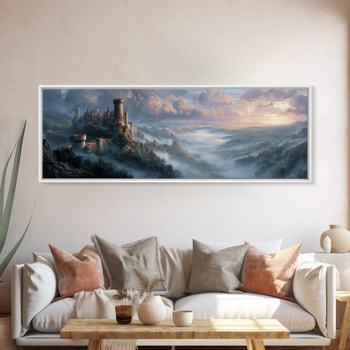 Misty Mountain Castle Above Clouded Valley Framed Canvas Print, Medieval Fantasy Wall Art, Large Landscape Home Decor Gift