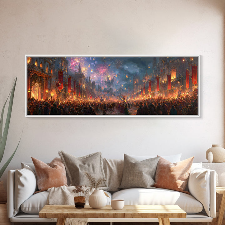 Firework Festival In Magical Medieval City Canvas Print, Fantasy City Wall Art, Maximalist Living Room Home Decor Gift Idea