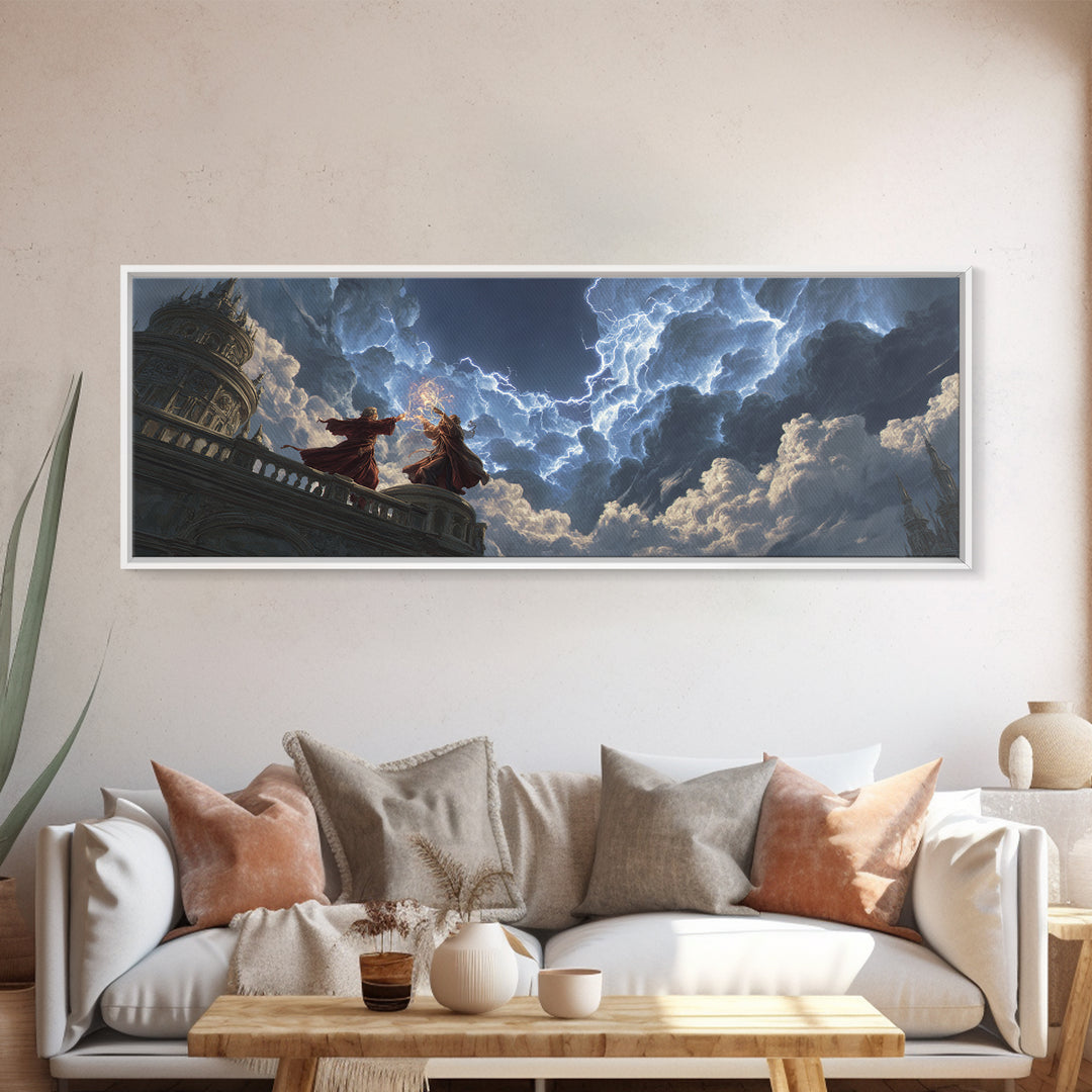 Wizards Casting Lightning Above Storm Clouds Framed Canvas Print, Dark Fantasy Wall Art, Dramatic Gothic Home Decor Gift