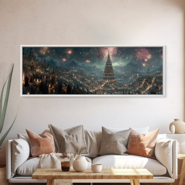 Grand Fantasy City With Fireworks And Tower Framed Canvas Print, Magical Castle Wall Art, Night Skyline Home Decor Gift For Her