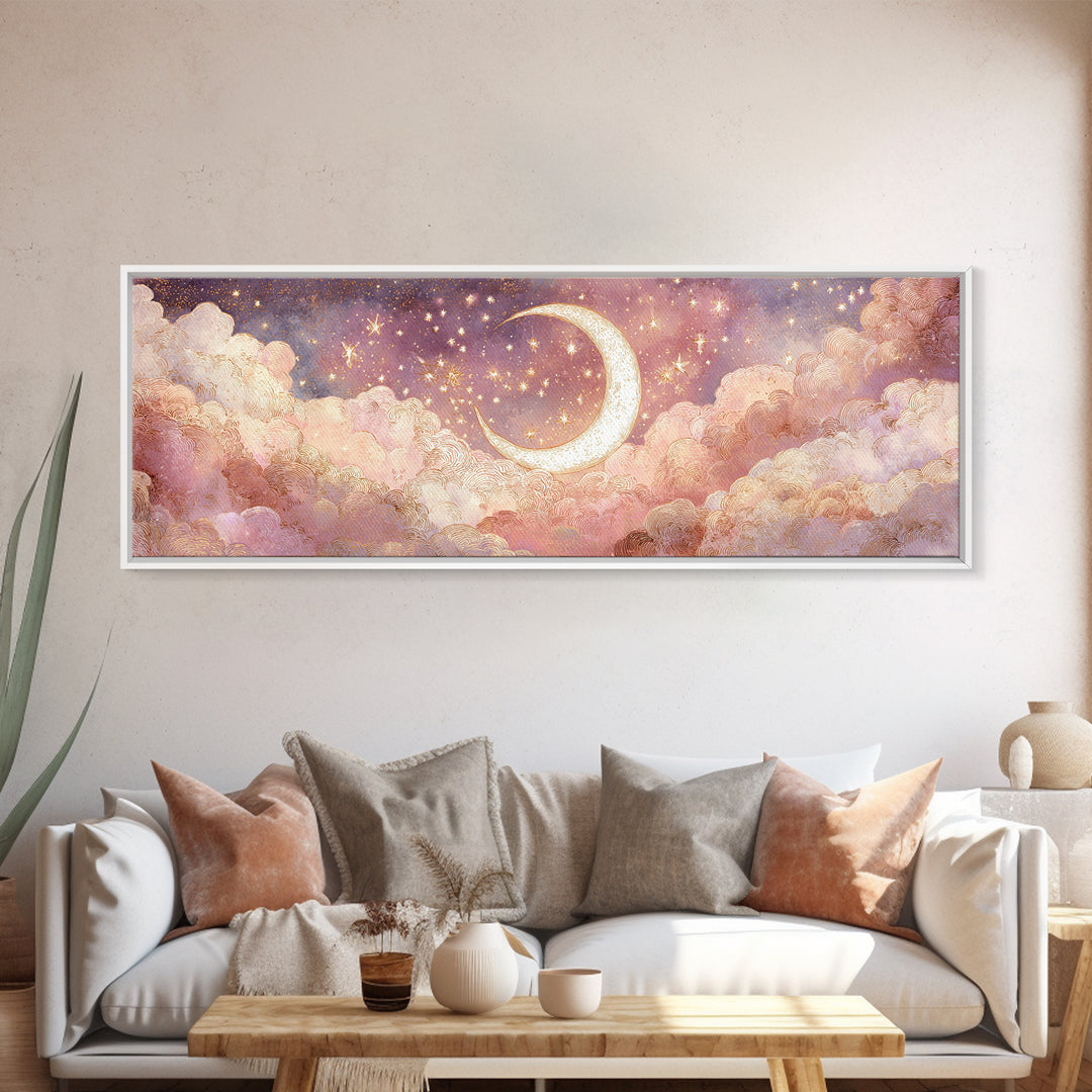 Glowing Crescent Moon In Pink Clouds Wall Art, Dreamy Celestial Nursery Decor, Whimsical Bedroom Decor, Framed Canvas Print