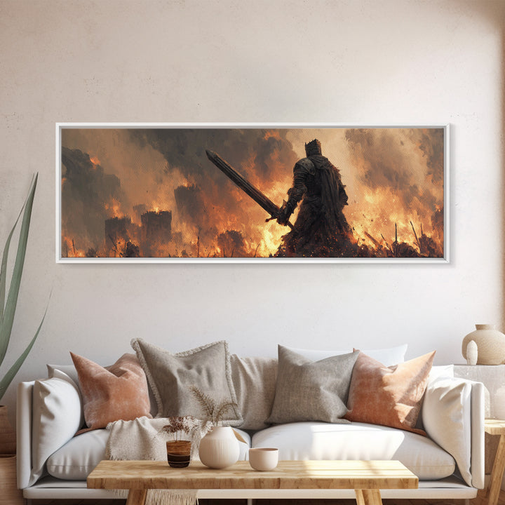 Epic Knight Dark Fantasy Sword Warrior Fire Castle Scene Canvas Print Wall Art For Medieval And Fantasy Home Decor