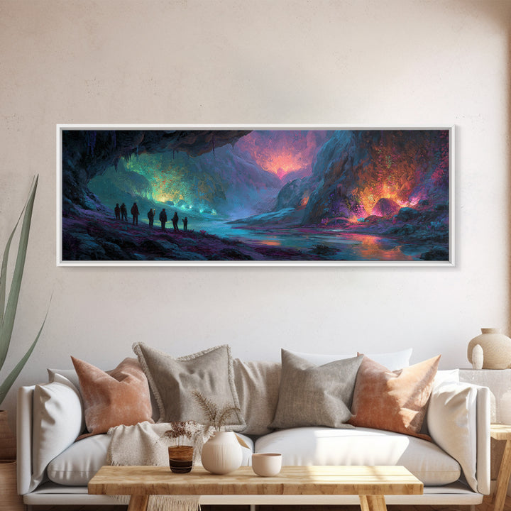 Mystical Illuminated Cave Explorers Awesome Fantasy Landscape Artwork Canvas Print Wall Art For Unique Home Decor