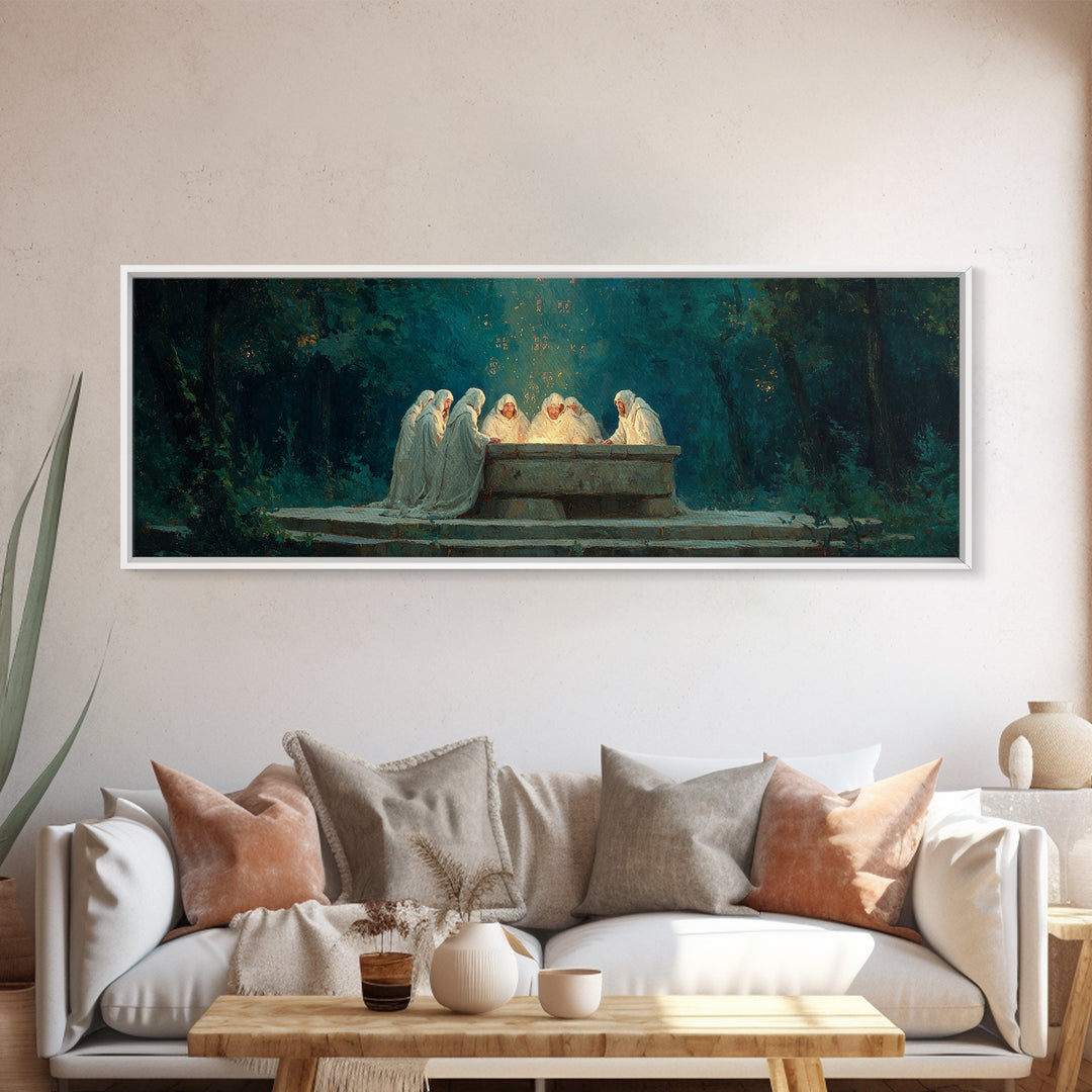 Spiritual Gathering Of Monks Around Glowing Stone Altar Framed Canvas Print