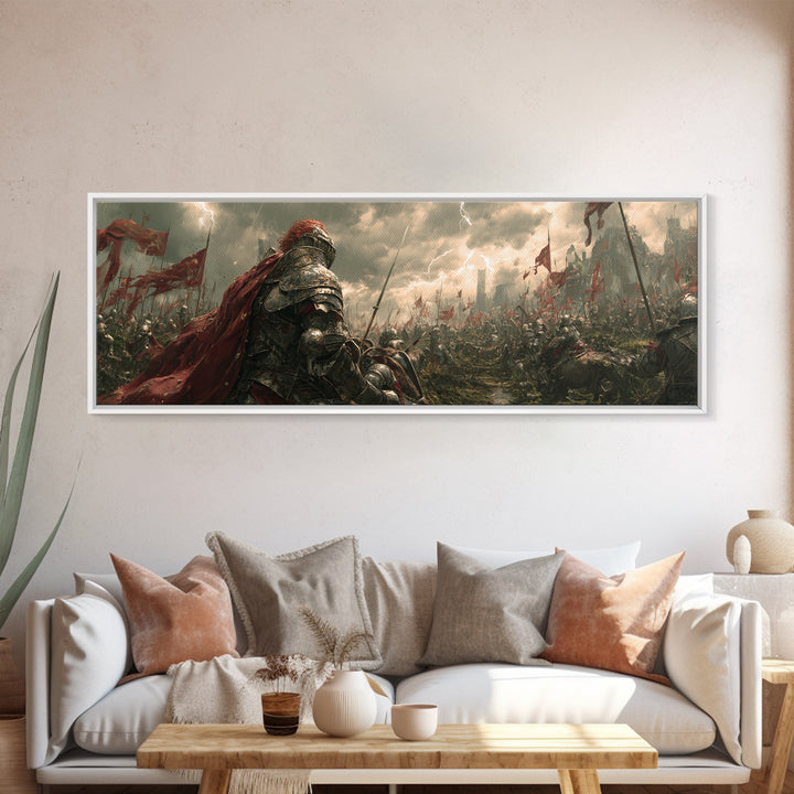 Armored Knight On Stormy Battlefield Framed Canvas Print, Medieval Fantasy Wall Art, Warrior Decor, Gift For Him, Man Cave Decor