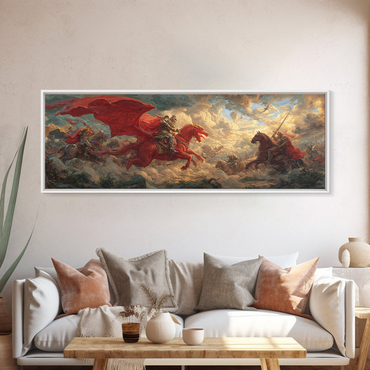 Red Cavalry Charge Across Battlefield Framed Canvas Print, Medieval Fantasy Wall Art, Warrior Decor, Statement Artwork Gift