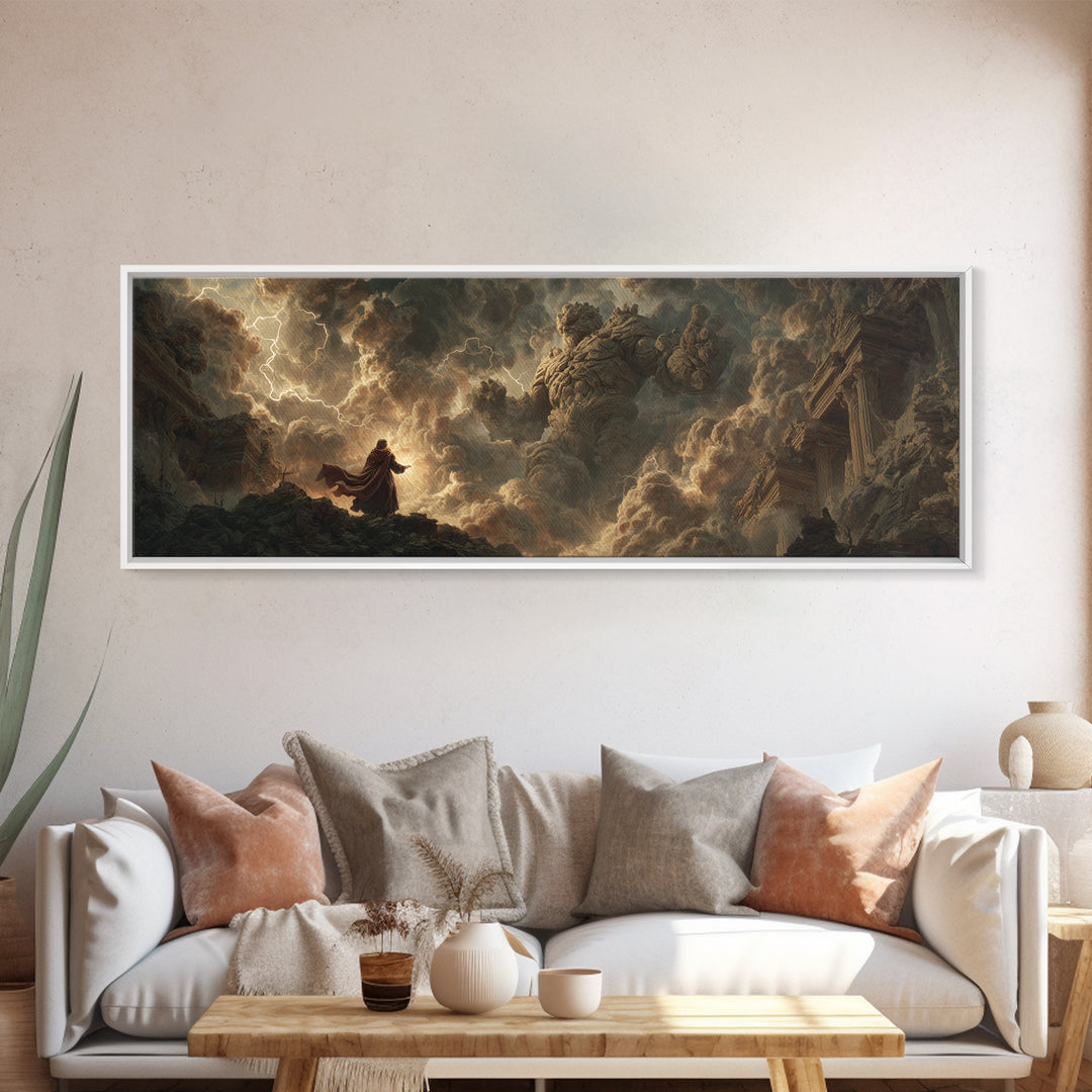 Dramatic Stormy Scene With Giant Stone Creature And Wizard Fantasy Painting Canvas Print Statement Wall Art For Fantasy Fans