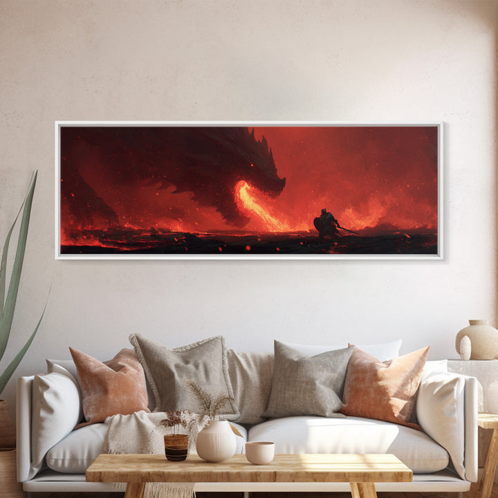 Dramatic Canvas Print Depicting Brave Knight Facing Ferocious Fire Breathing Dragon In Fiery Red Landscape Epic Fantasy Wall Art For Home And Office Decor