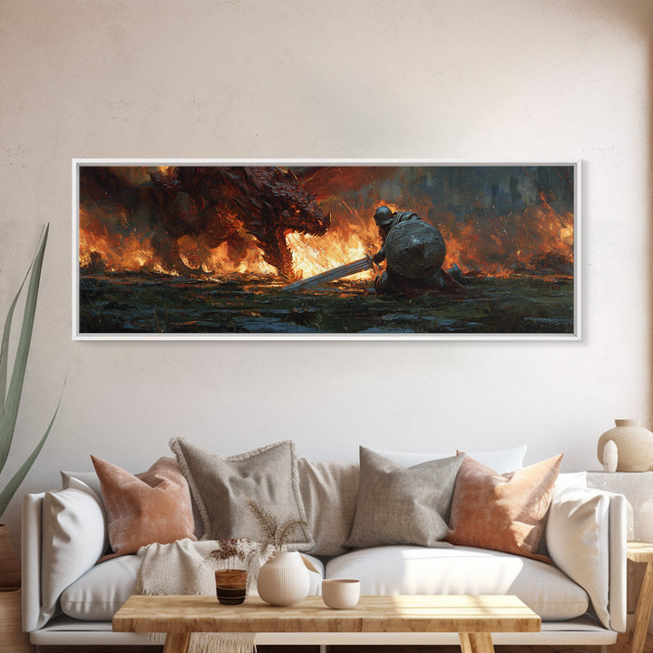 Heroic Knight Facing Fiery Dragon Fantasy Battle Scene Canvas Print Modern Wall Art For Living Room Or Game Room Decor