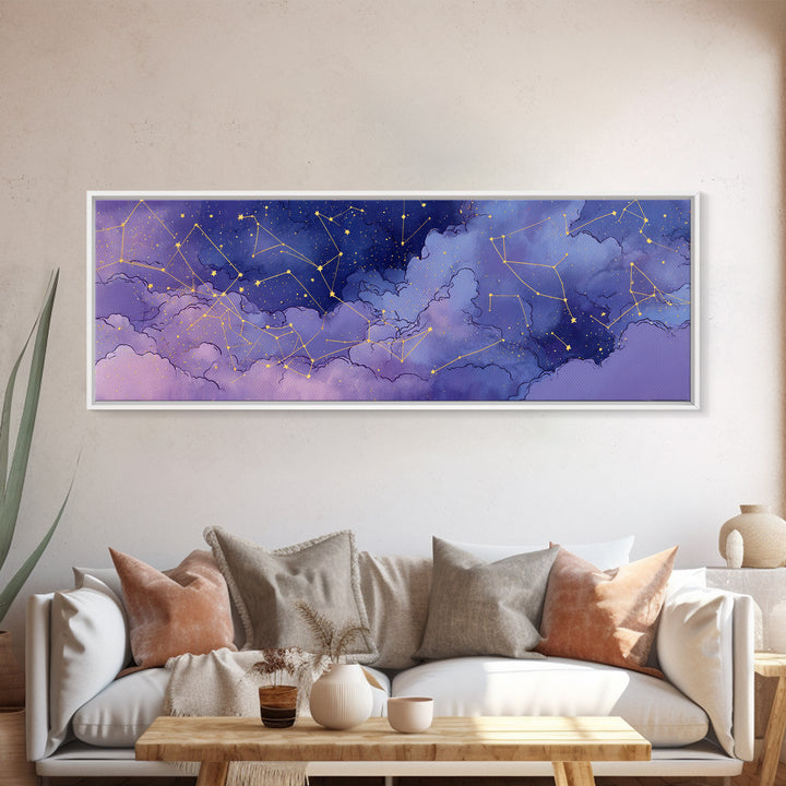 Purple Night Sky With Gold Constellations Wall Art, Celestial Wall Decor, Astronomy Art Print, Large Horizontal Canvas Print