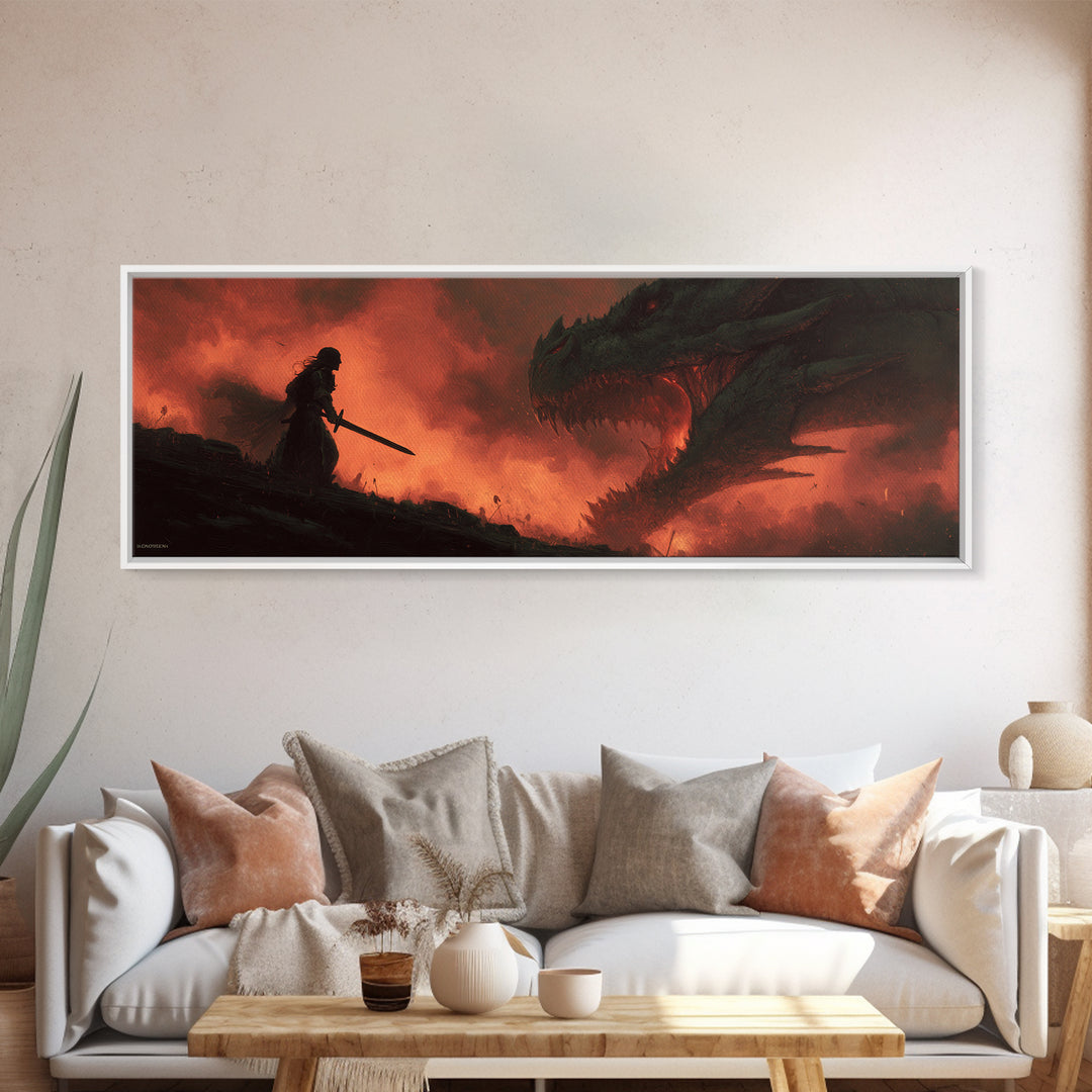 Epic Battle Between Warrior And Dragon Fantasy Painting Wall Art Print Framed Canvas Print For Living Room Home Decor