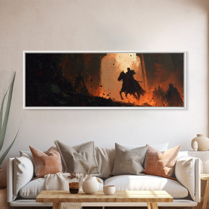 Dramatic Medieval Knight With Sword Riding Horse Through Fiery Castle Gate Abstract Wall Art