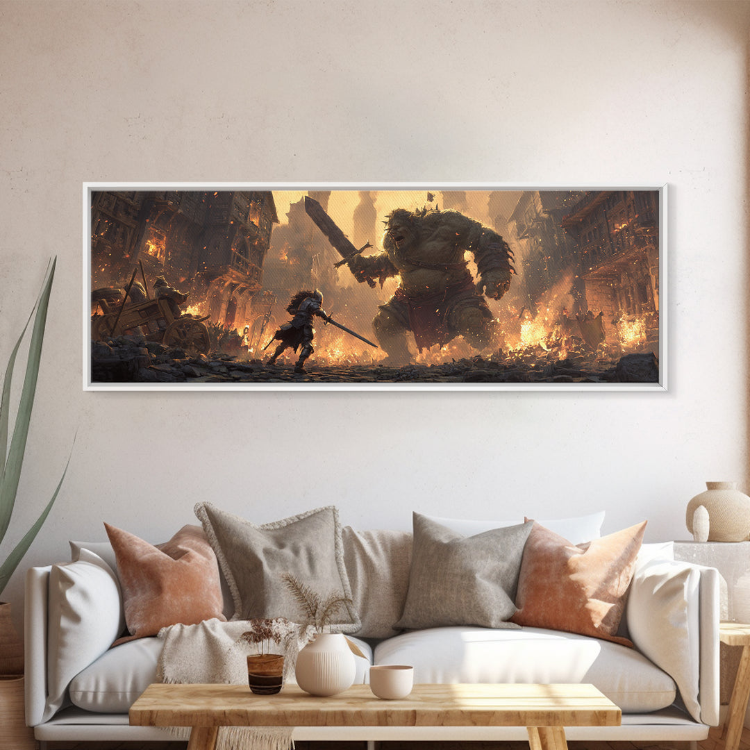 Fantasy Art Scene Of Knight Fighting Giant Ogre In Burning Medieval Town Wall Art Framed Canvas Print