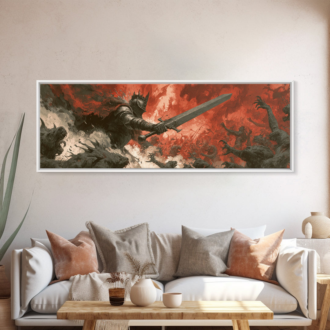 Epic Armored Knight Battling Dark Creatures In Fiery Fury Fantasy Canvas Print For Dramatic Wall Art Decor