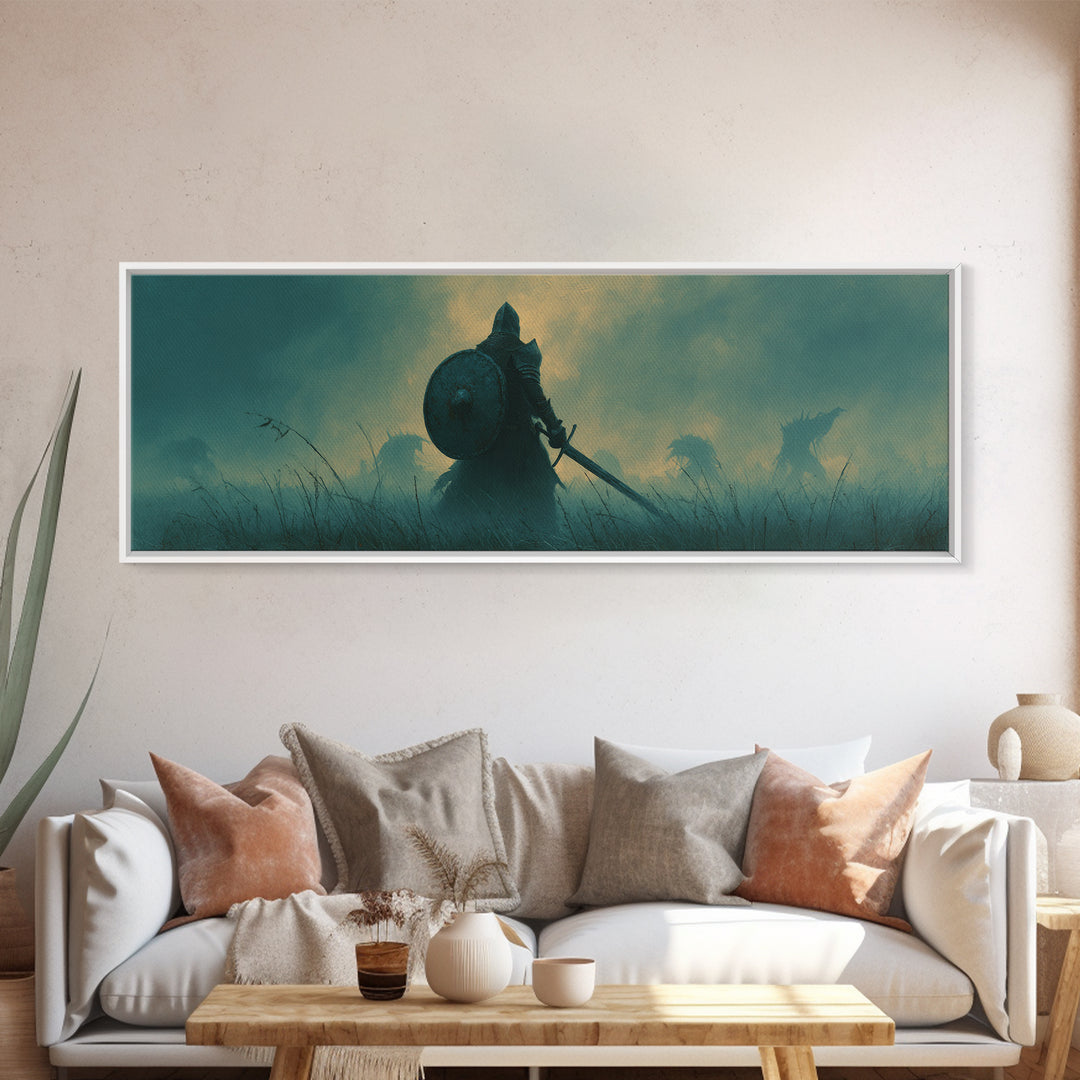 Brave Knight Standing Before Shadowy Dragon Figures Surrounded By Fog Canvas Print Large Wall Art For Dark Fantasy Decor