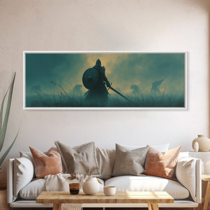 Brave Knight Standing Before Shadowy Dragon Figures Surrounded By Fog Canvas Print Large Wall Art For Dark Fantasy Decor