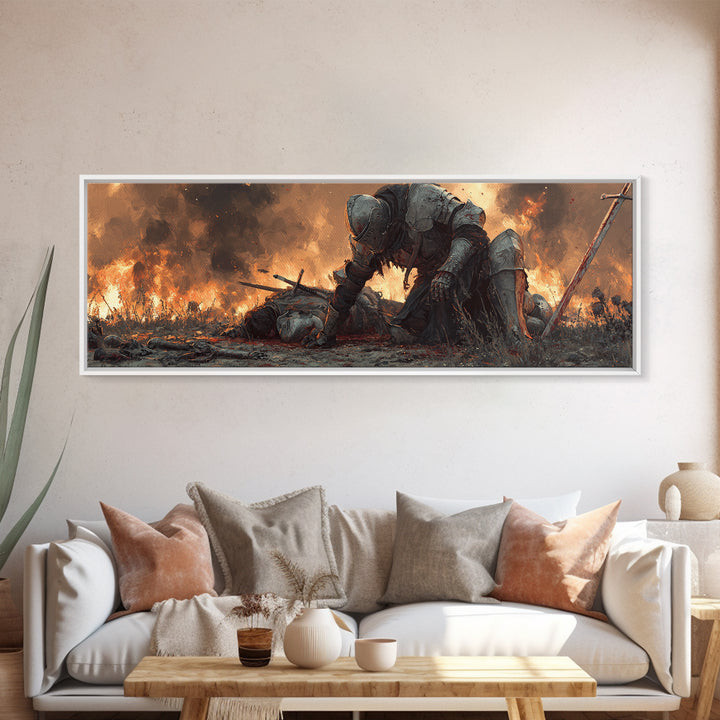Epic Knight And Fallen Warrior Medieval Battle Scene Dramatic Oil Painting Style Wall Art Canvas Print