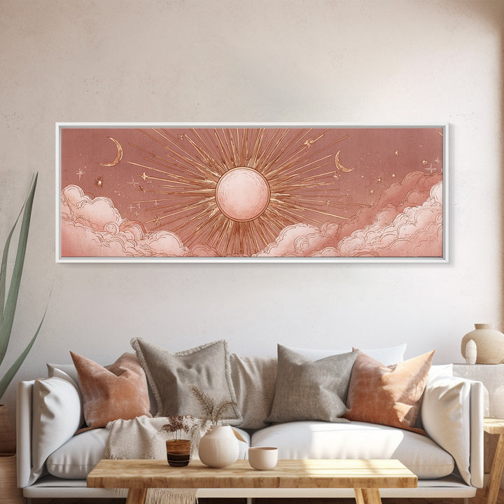 Rose Gold Sun And Twin Moons Wall Art, Celestial Wall Decor, Boho Bedroom Decor, Mystical Large Horizontal Framed Canvas Print