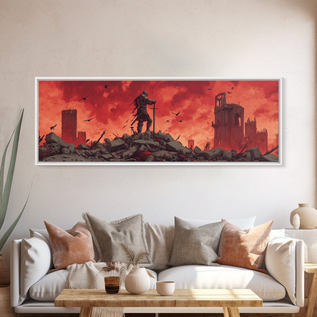 Epic Knight On Battlefield Amid Ruins With Dramatic Red Sky Wall Art Framed Canvas Print For Medieval Decor