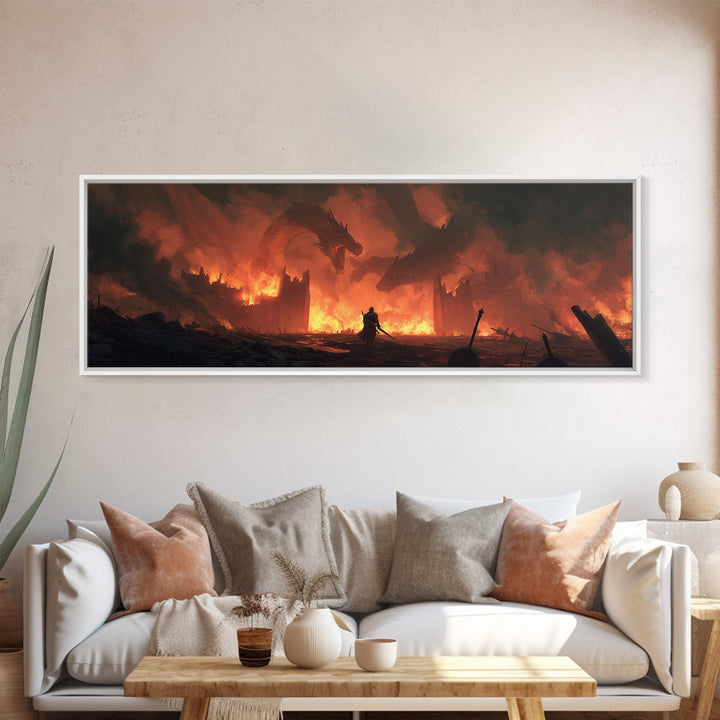 Epic Fantasy Warrior In Fiery Castle With Dragons Wall Art Canvas Print For Game Room Or Bedroom Decor