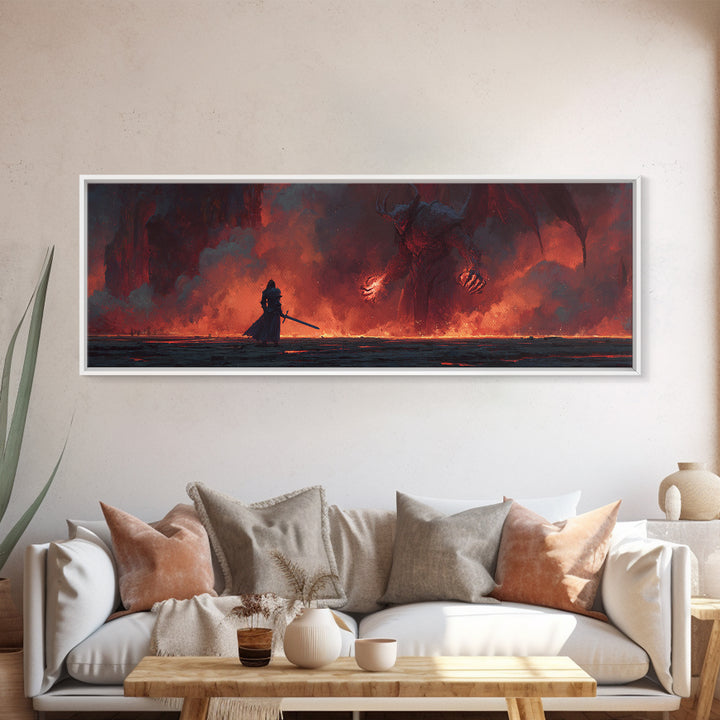 Heroic Fantasy Knight Facing Fiery Demon In Epic Battle Scene Wall Art Framed Canvas Print For Game Room, Bedroom, Or Fantasy Art Collectors Gift