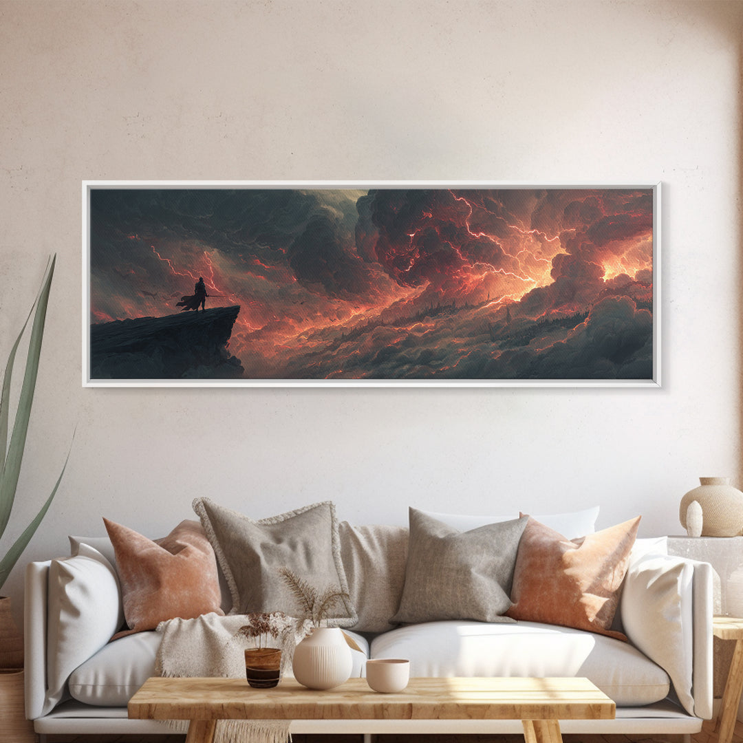 Epic Fantasy Warrior Standing On Cliff Amid Intense Fiery Sky - Dramatic Fantasy Wall Art Canvas Print For Bold Home Decor