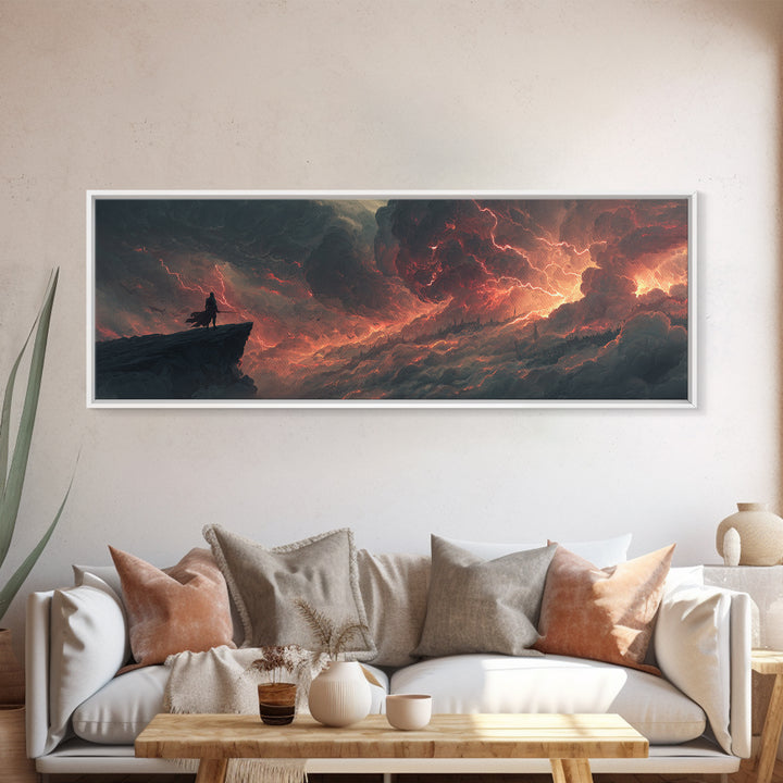 Epic Fantasy Warrior Standing On Cliff Amid Intense Fiery Sky - Dramatic Fantasy Wall Art Canvas Print For Bold Home Decor
