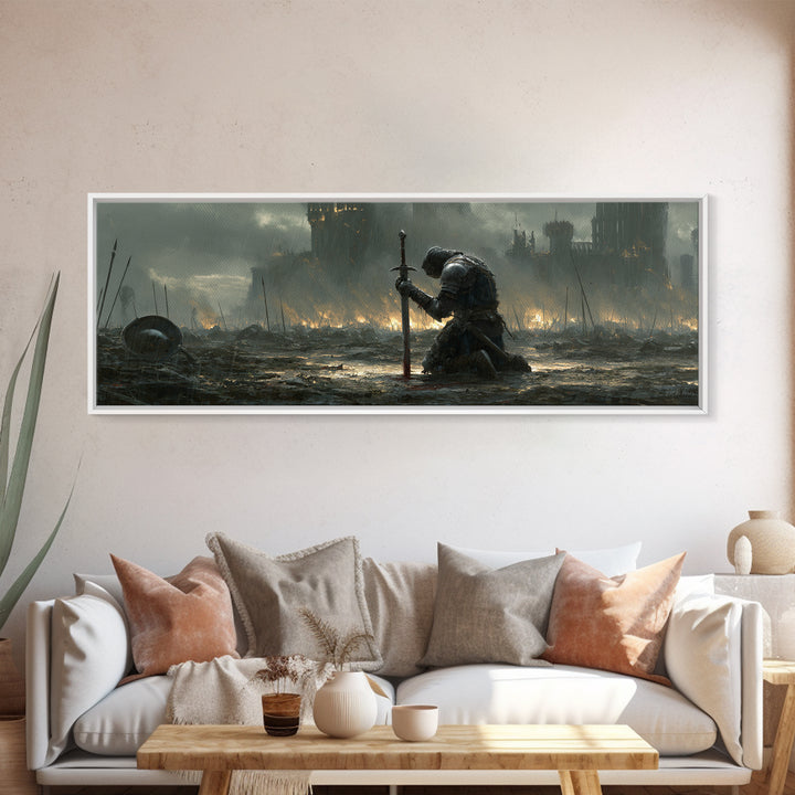Medieval Knight Kneeling On Battlefield In Rain With Flaming Castle Background Dramatic Wall Art Canvas Print