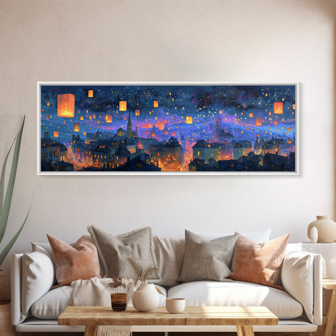 Magical City Skyline With Floating Lanterns And Twinkling Stars Wall Art For Home