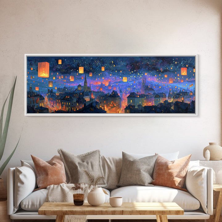 Magical City Skyline With Floating Lanterns And Twinkling Stars Wall Art For Home