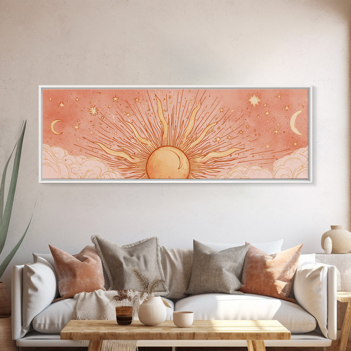 Radiant Orange Sun With Crescent Moons Wall Art, Celestial Wall Decor, Boho Sun And Moon Art, Large Horizontal Canvas Print