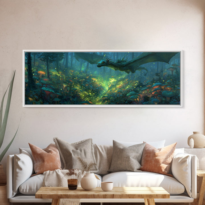 Fantasy Forest Scene With Dragon And Enchanted Glow Magical Wall Art Vibrant Canvas Print For Unique Home Decor And Gift Ideas