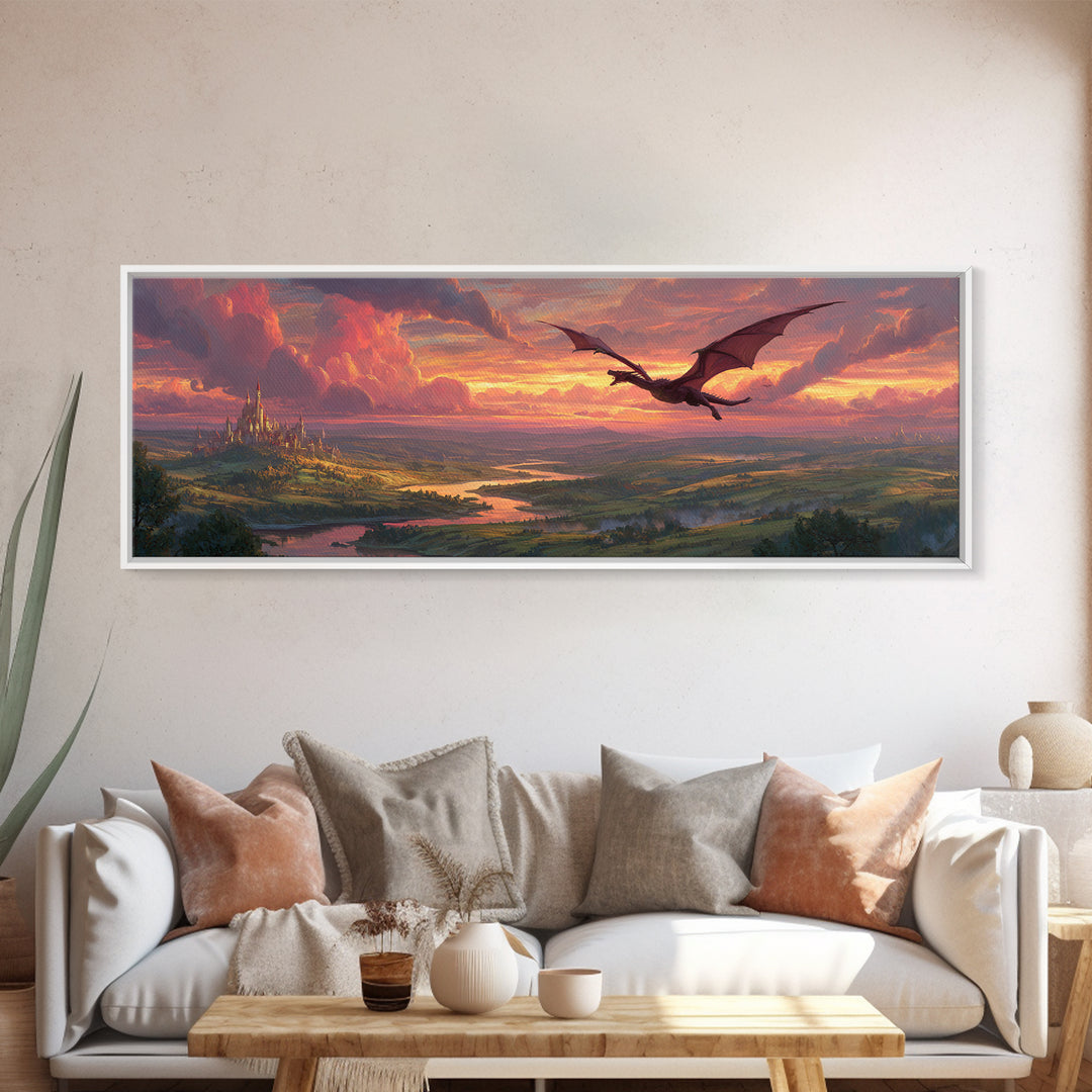 Epic Fantasy Landscape Painting Of A Castle On Hill With A Flying Dragon Under Dramatic Sunset Skies Wall Art