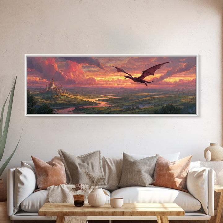 Epic Fantasy Landscape Painting Of A Castle On Hill With A Flying Dragon Under Dramatic Sunset Skies Wall Art