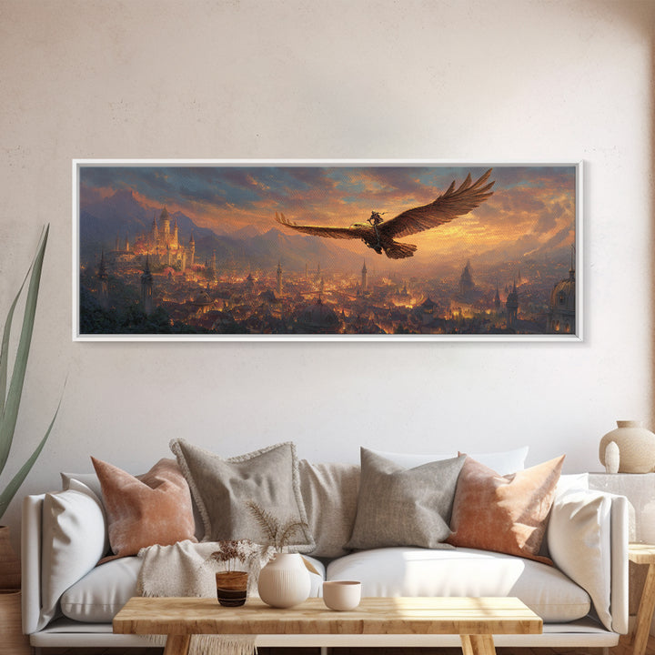 Majestic Castle Landscape With Giant Eagle And Rider At Sunrise Canvas Print Modern Wall Art For Living Room Decor