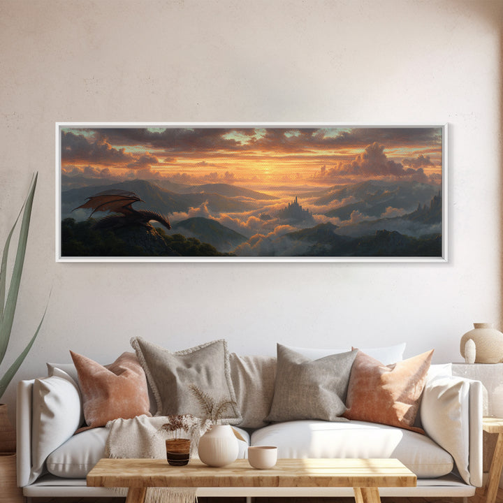 Epic Fantasy Scene With Dragon Flying Over Mountain Landscape At Sunset Large Wall Art Canvas Print For Bedroom Decor