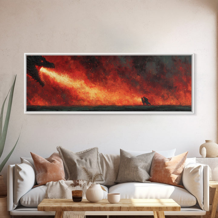 Epic Fantasy Dragon Breathing Fire At Warrior In Armor Wall Art Canvas Print Dramatic Mythical Battle Scene For Game Room Or Man Cave Home Decor