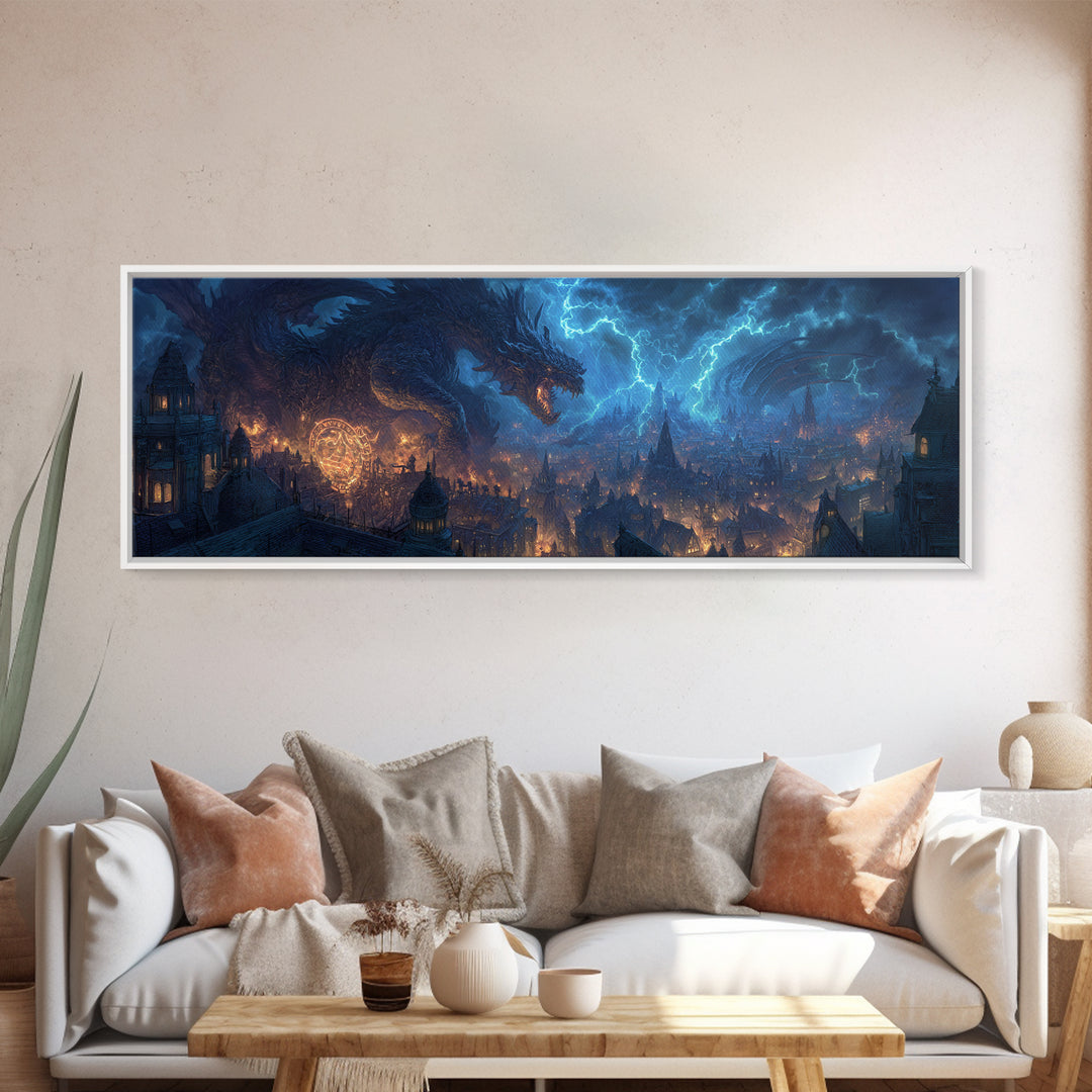 Epic Dragon Breathing Lightning Over Medieval Cityscape Wall Art Dramatic Fantasy Canvas Print Home Decor