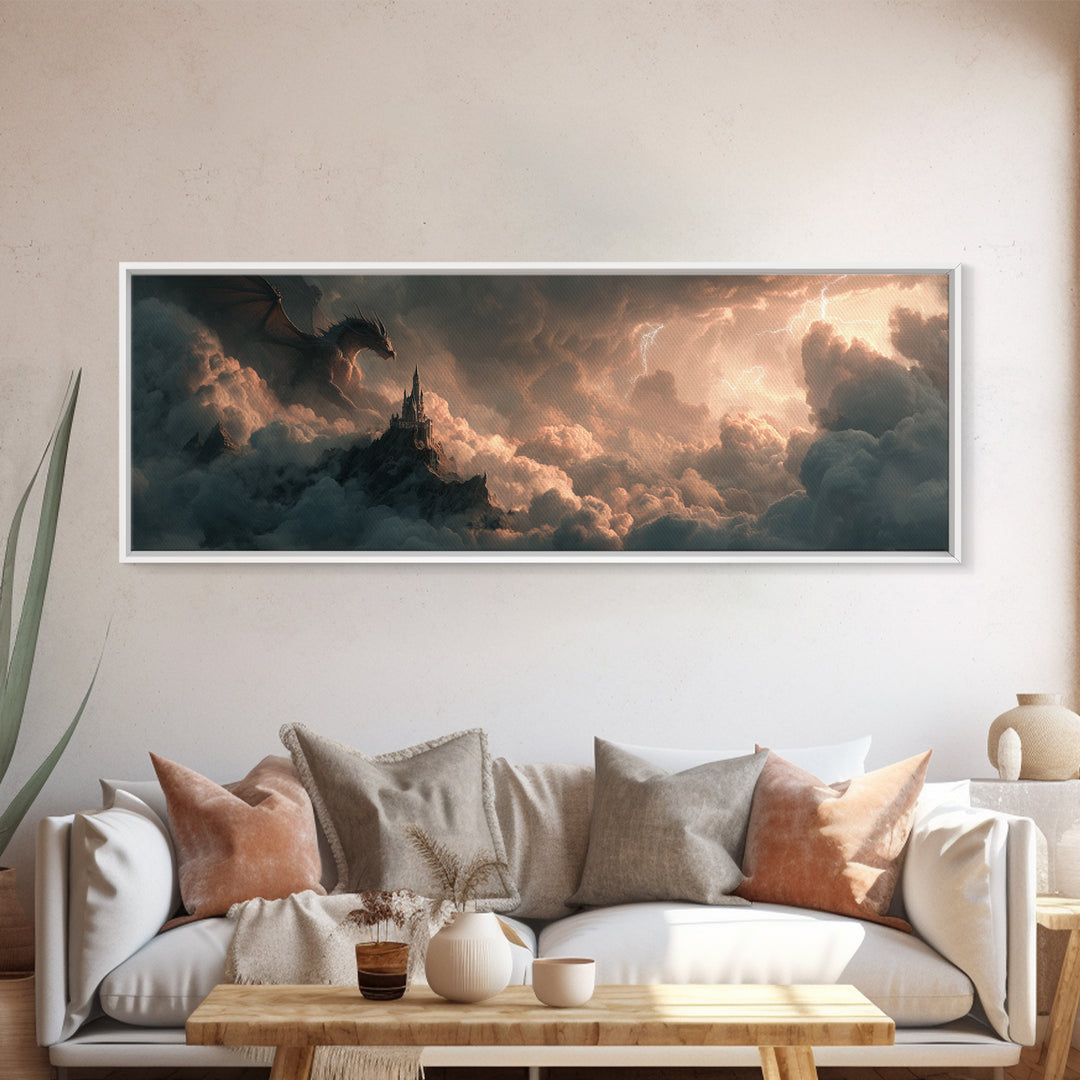Dark Dragon Castle In Storm Clouds Canvas Print, Epic Fantasy Wall Art, Gothic Decor, Surreal Art, Gift For Gamer, Gaming Room Decor