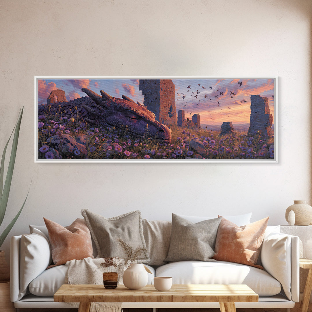 Sleeping Dragon Among Purple Wildflowers With Ancient Ruins Wall Art Print Magical Fantasy Canvas Print