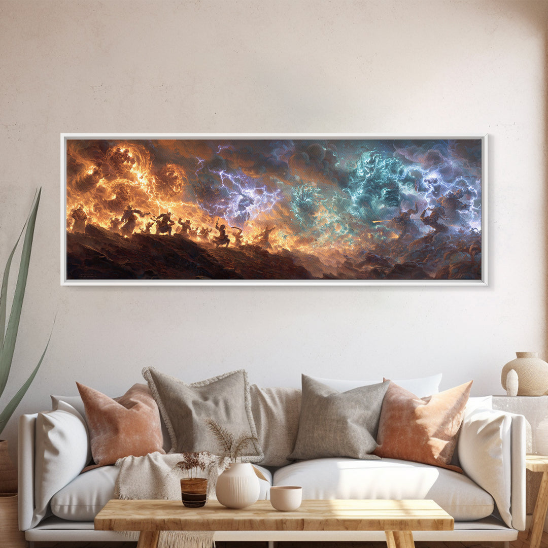 Dynamic Battle Scene Lightning Storm Fantasy Epic War Painting Wall Art Canvas Print For Mythical Home Decor And Unique Art Lovers